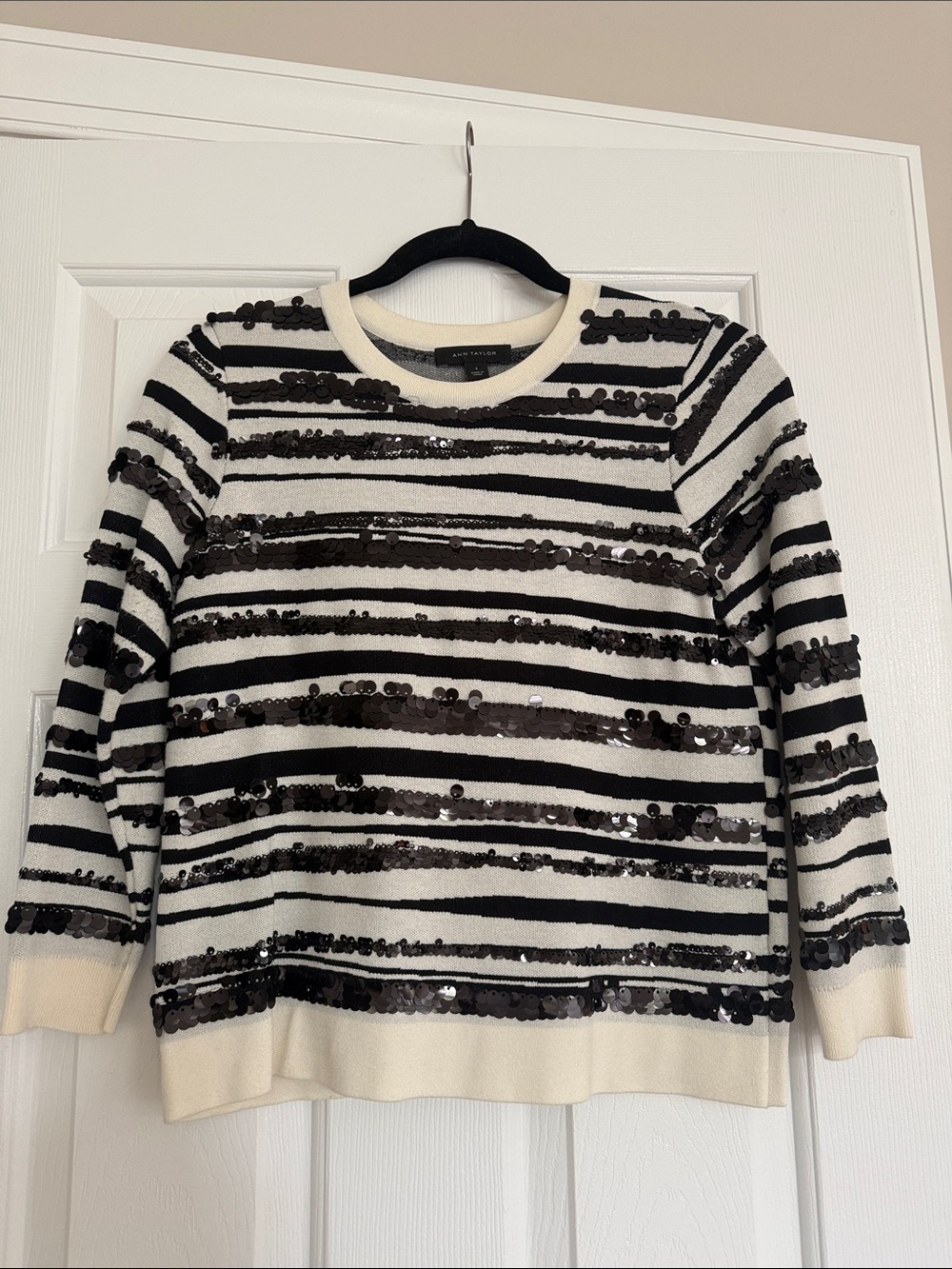 Ann Taylor Black and Cream Striped Sequin Knit Top, Size S